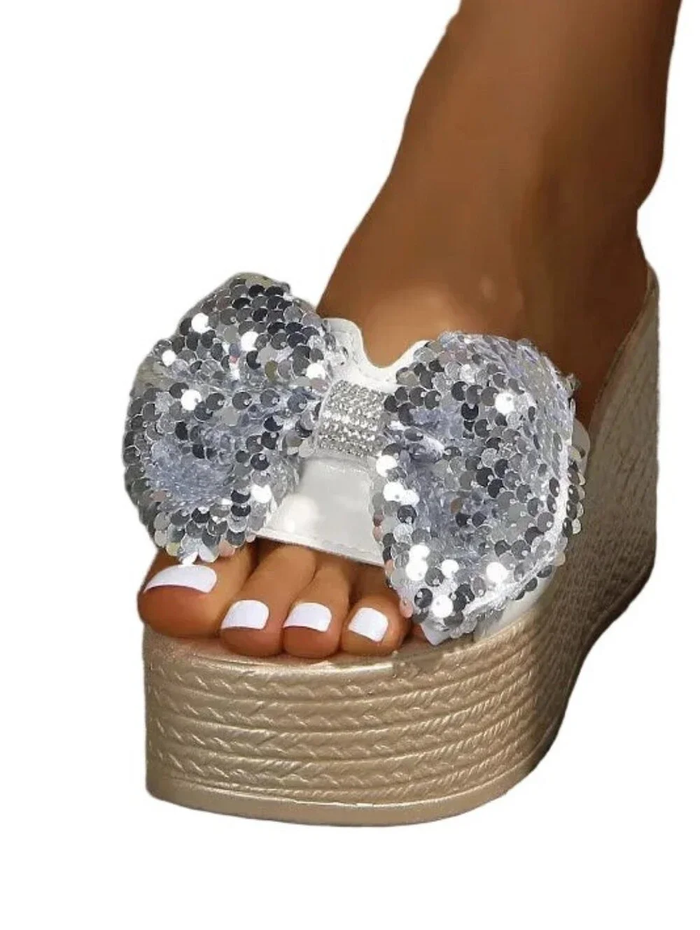 Oversized Sequin Bow Open Toe Shoes Chunky Sparkle Bling Platform Wedge Sandals